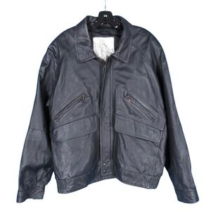 Vtg CLOUT Men's Genuine LEATHER Black Zip/Snap Pockets BOMBER Jacket Sz XL
